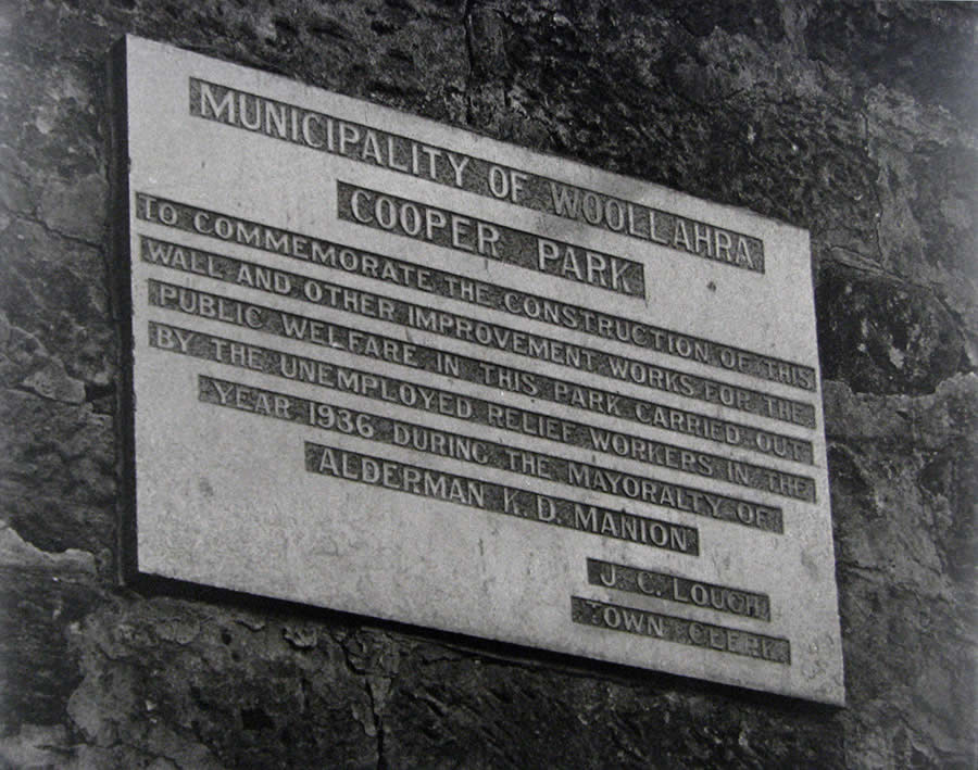 Plaque commemorating improvements in Cooper Park 1936